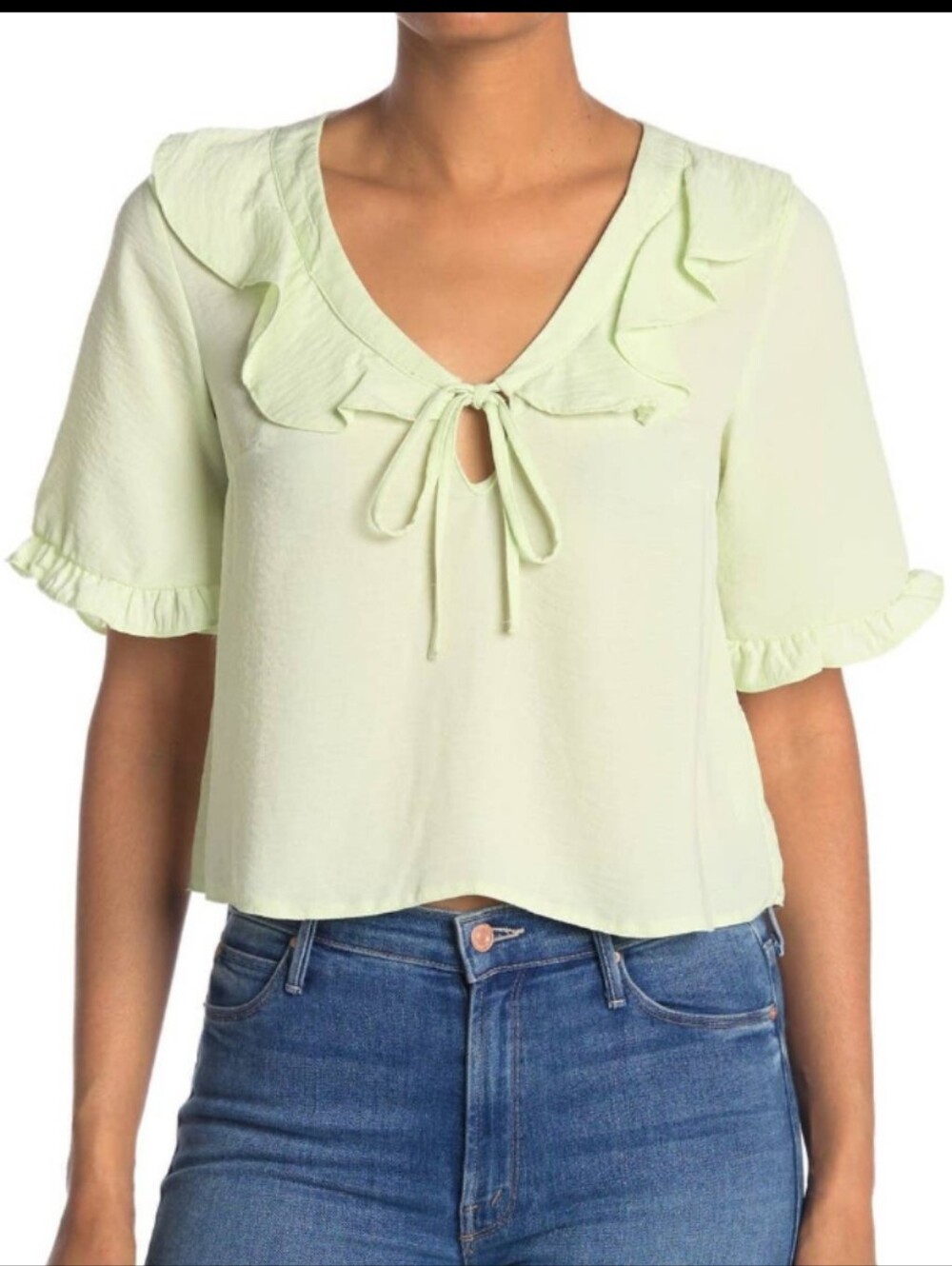 Topshop Light Lime Green Ruffle Sleeve Tie-Neck Relaxed Blouse, Size 8